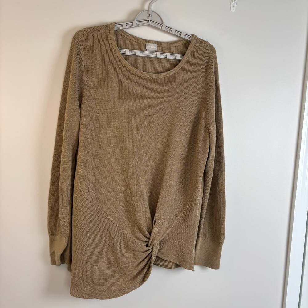 Chico's long sleeve knit tunic faux tie womens XL tan stretch holiday